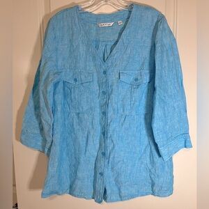 Orvis Teal Blue Linen Cuffed Sleeve Button Down Shirt, Size Medium